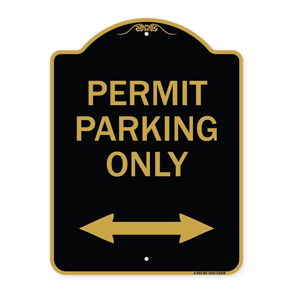 Permit Parking Bidirectional Arrow, Black & Gold Aluminum Sign, 18" x 24", BG-1824-23328